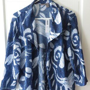 Chicos Easywear Abstract Roses Blue & White Jacket Size 2 NWT